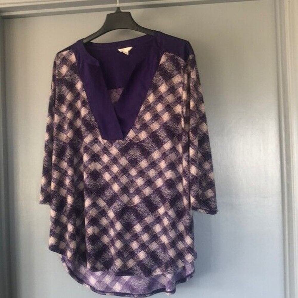 Cato Women Plus Size 22/24W TOP BLOUSE Purple Criss Cross Plaid 3/4 Sleeve Knit